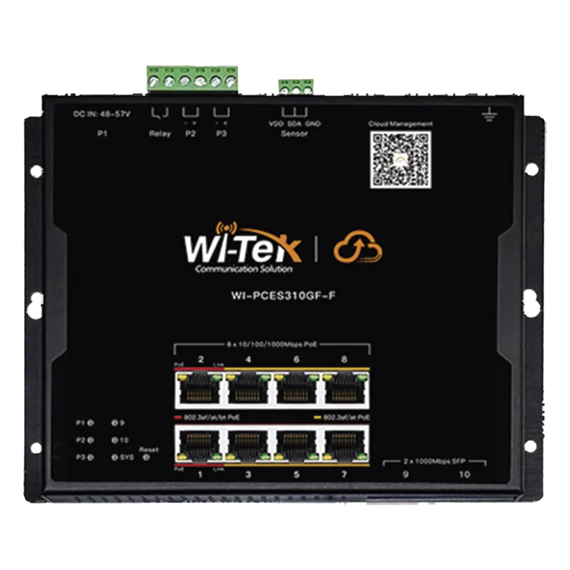 Switch L2 PoE Industrial / Administración Cloud Gratuita / 8 Puertos PoE af/at/bt 10/100/1000 Mbps / 2 Puertos SFP Gigabit / Máx Presupuesto PoE 145 W / Montaje Magnético - Riel DIN. WI-TEK WI-PCES310GF-F