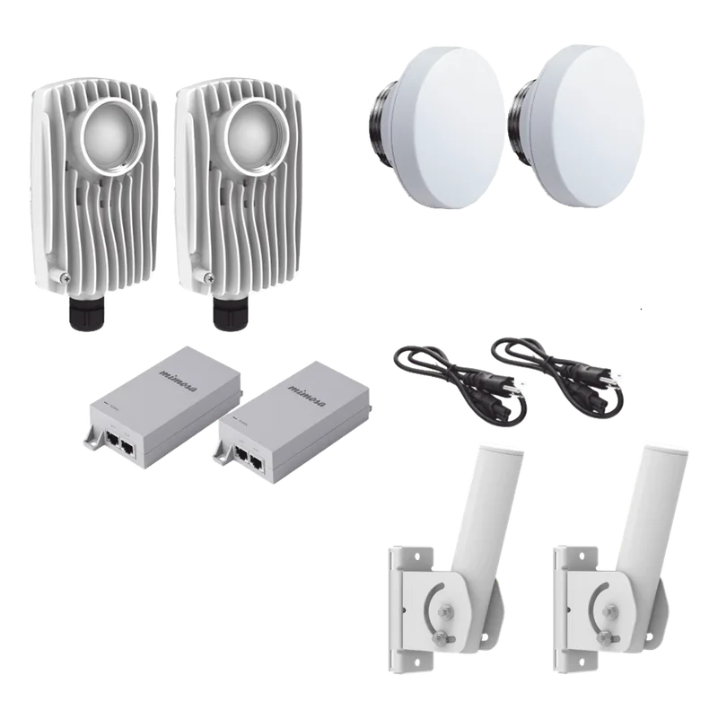Kit de 2 radios C6X con 2 antenas de (12 dBi), rango de frecuencia extendida (4.9 a 6.4 GHz), incluye inyector POE, cable de alimentación y 2 FLEXIMOUNT-XL para alineación MIMOSA NETWORKS C6XPTPKIT