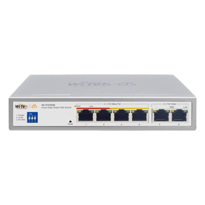 Switch PoE / Administración en la nube / Con 4 puertos 10/100 Mbps PoE af/at / 2 Puertos Uplink 10/100 Mbps / Presupuesto 60 W / PoE hasta 250 metros / Soporta protocolo ONVIF WI-TEK WI-PCES206