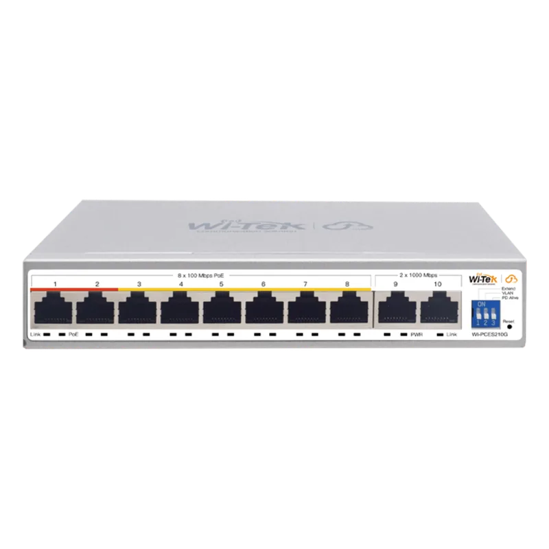 Switch PoE / Administración en la nube / Con 8 puertos 10/100 Mbps PoE af/at / 2 Puertos Uplink 10/100/1000 Mbps / Presupuesto 100 W / PoE hasta 250 metros / Soporta protocolo ONVIF WI-TEK WI-PCES210G