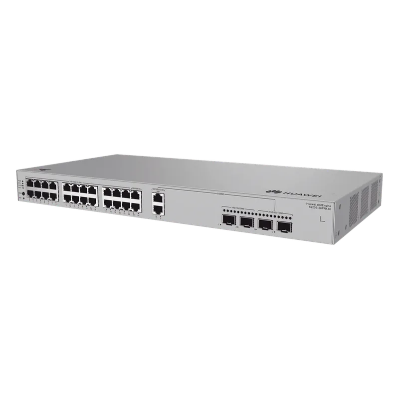 Switch de Acceso eKit Administrable / Capa 2 / 22 Puertos PoE+ Gigabit + 2 Puertos PoE+ 2.5 Gbps + 2 Puertos SFP(2.5 Gbps) + 2 Puertos SFP+(10 Gbps) / PoE Perpetuo / Presupuesto PoE 400 W / Sin Licenciamiento HUAWEI S220S-26PN4JX