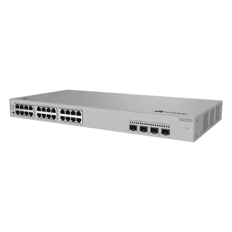 Switch de Acceso eKit Administrable / Capa 2 / 24 Puertos PoE+ Gigabit + 2 Puertos SFP (2.5 Gbps) + 2 Puertos SFP+ / PoE Perpetuo / Presupuesto PoE 195 W / Sin licenciamiento HUAWEI S220S-24LP4JX