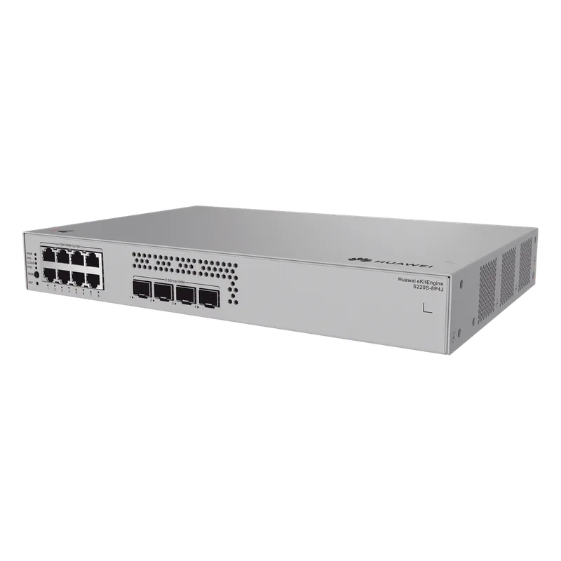 Switch de Acceso Gigabit Administrable PoE Capa 2 / 8 puertos 10/100/1000 Mbps (PoE) / 4 Puertos 2.5GE SFP Uplink / ERPS / IMGP Snooping / DHCP Snooping / PoE Perpetuo / 128 W / Administración Nube Gratis HUAWEI S220S-8P4J