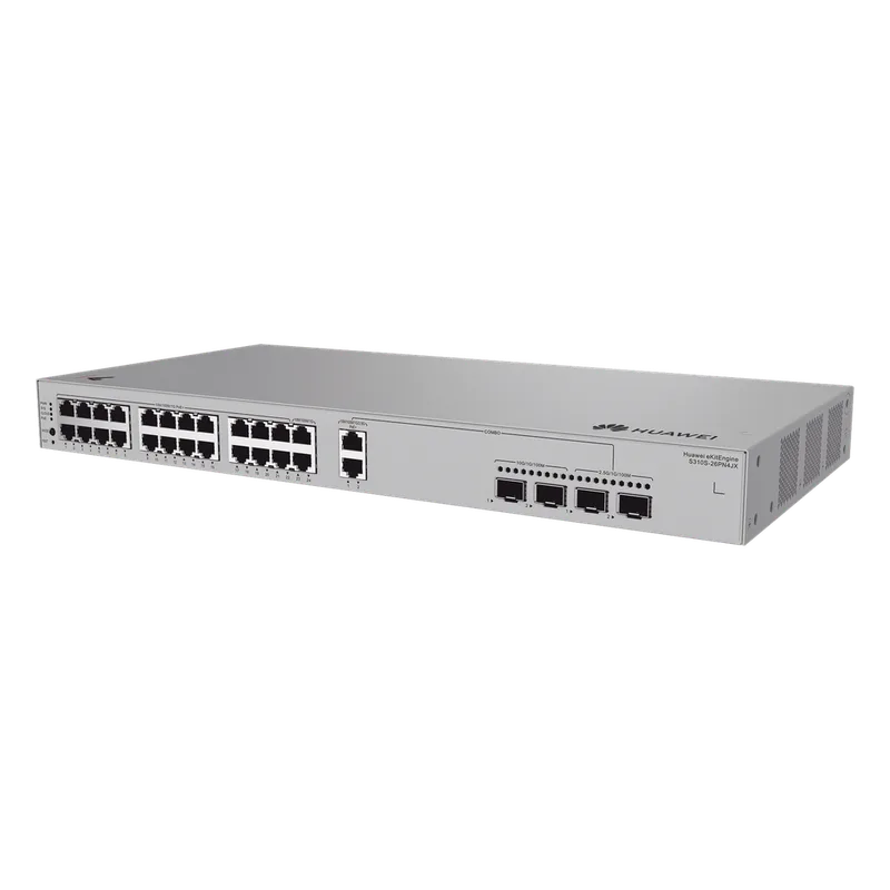 Switch Gigabit Administrable PoE Capa 3 / 24 Puertos 10/100/1000 Mbps (22 PoE) / 2 Puertos 2.5GE (PoE) combo 2 Puertos SFP 2.5GE /2 Puertos SFP+ 10GE / 400W / PoE Perpetuo / iStack / Administración Nube Gratis HUAWEI S310S-26PN4JX