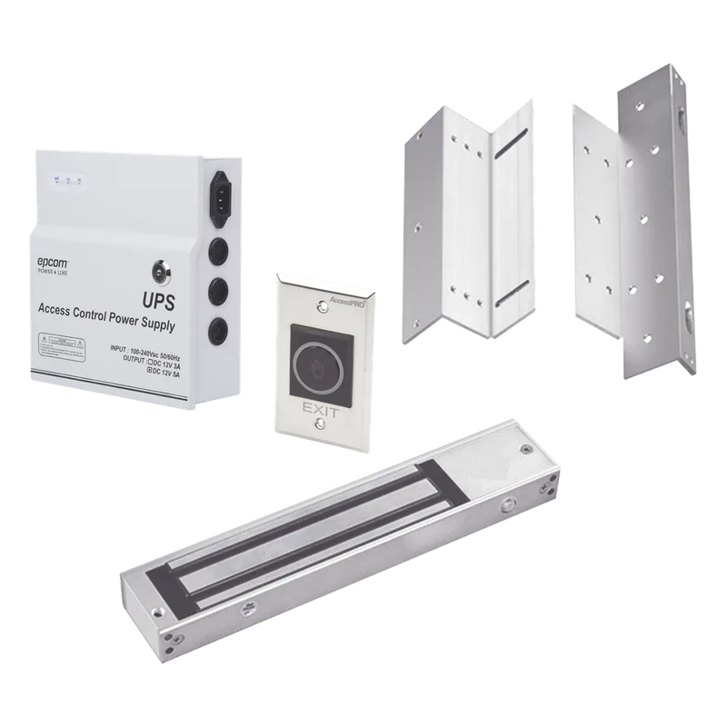 Kit para control de acceso incluye Fuente de 12VCD con respaldo de batería/ Chapa magnética de 600Lbs / Montajes L y Z / Botón de salida ACCESSPRO KITMAG12V