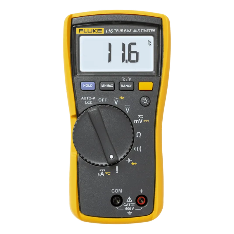 Multímetro Digital para Electricista, con Termómetro Integrado para Aplicaciones HVAC, Uso con Voltaje Máximo de 600 V, Pantalla LED Retroiluminada. Incluye Certificado de Calibración FLUKE FLUKE-116/CAL