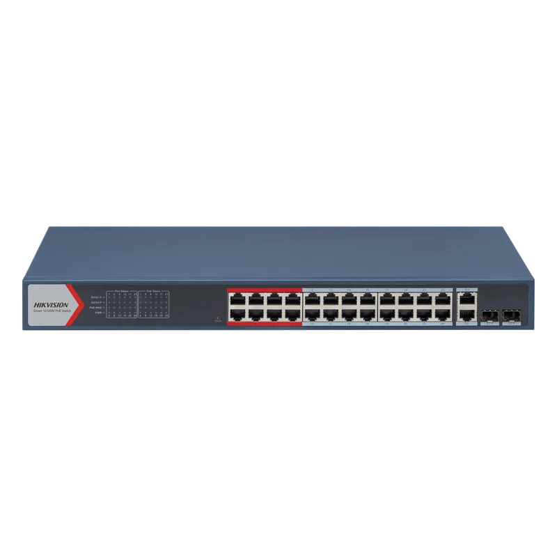 Switch PoE+ Administrable / 24 Puertos 10/100 Mbps PoE+ / 2 Puertos Gigabit Combo / 370 W / Modo Extendido 300 m / Hik-Partner Pro / 6 kV Protección HIKVISION DS3E1326PEI(B)