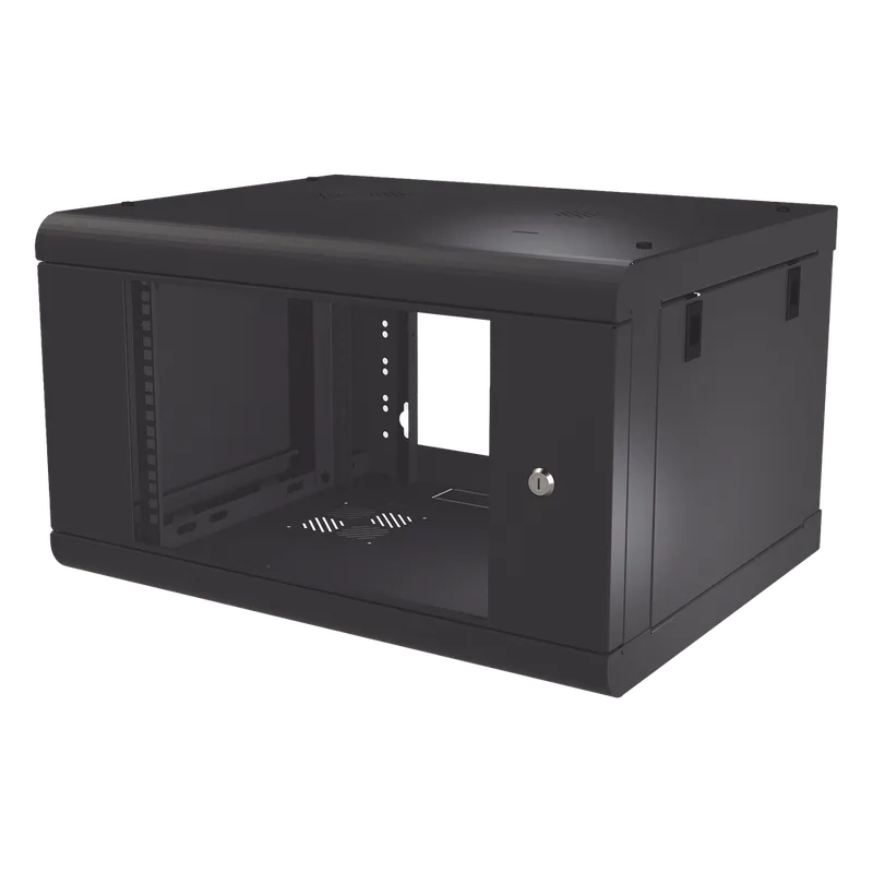 Gabinete de Pared de 6U con Puerta de Cristal Templado, 479.5 mm de Profundidad, Rack de 19'', Acero Reforzado Color Negro. LINKEDPRO SR-1906-LH2G