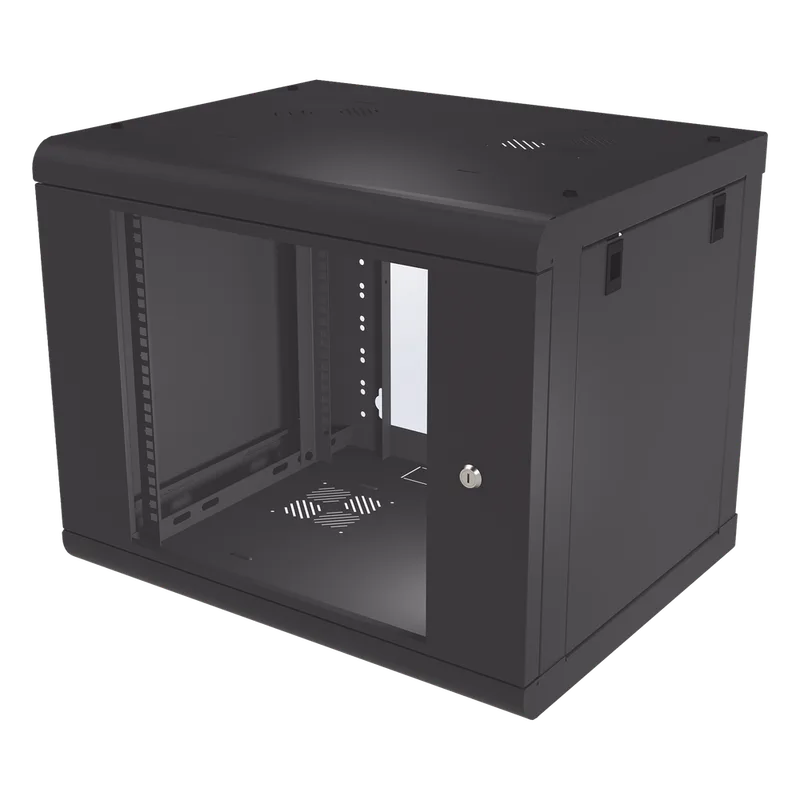 Gabinete de Pared de 9U con Puerta de Cristal Templado, 479.5 mm de Profundidad, Rack de 19'', Acero Reforzado Color Negro. LINKEDPRO SR-1909-LH2G