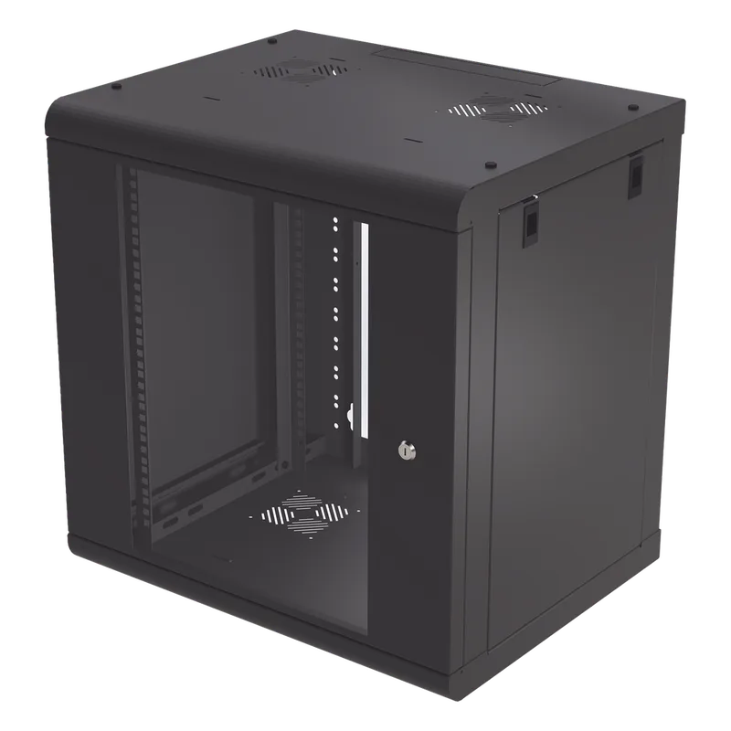 Gabinete de Pared de 12U con Puerta de Cristal Templado, 479.5 mm de Profundidad, Rack de 19'', Acero Reforzado Color Negro. LINKEDPRO SR-1912-LH2G