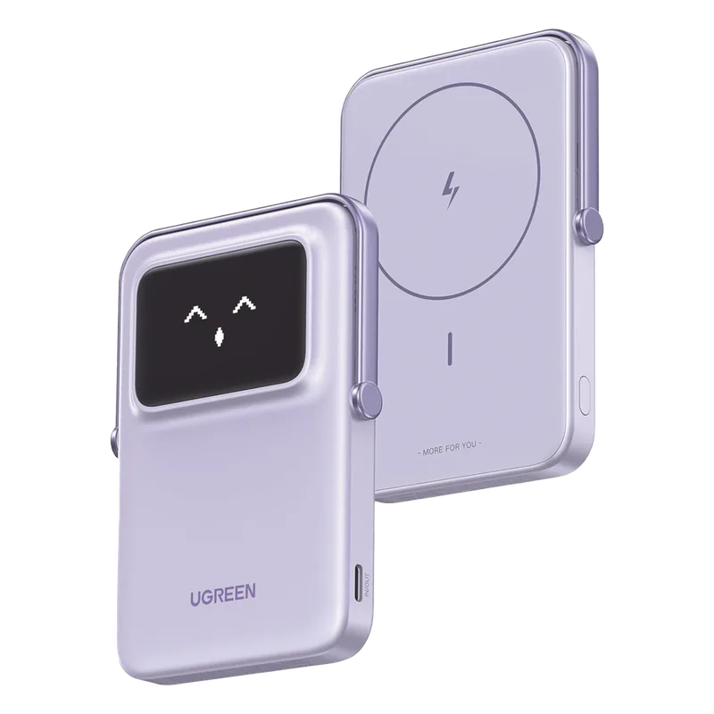 Power Bank Inalambrico | 5000mAh | 7.5W | Con Emojis de Estado | Carga Rápida USB-C Bidireccional | Pantalla TFT Inteligente | 13 niveles de Proteccion | Con Holder | Color Purple. UGREEN 35606