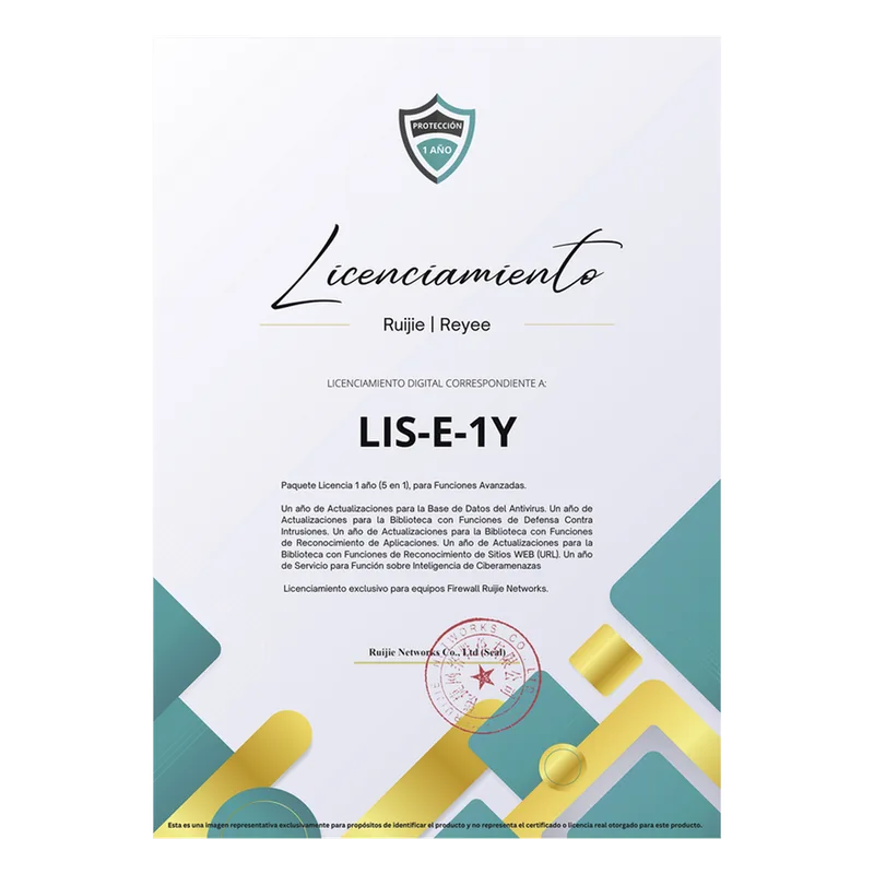 Paquete Licencia 1 año (5 en 1), para Funciones Avanzadas Firewall modelo Z5100 series RUIJIE RG-WALL1600-Z5100-S-LIS-E-1Y