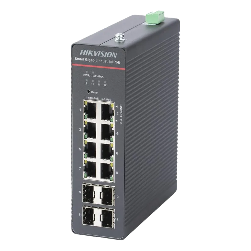 Switch Gigabit PoE+ / Industrial / Administrable / 4 Puertos Gigabit PoE+ (90 W) + 4 Puertos Gigabit PoE+(30 W) / 4 Puertos Gigabit SFP / 300 W Total / 48 a 57 VCD / Ideal para Proyectos / 300 Metros de Distancia HIKVISION DS-3T1512HP-SI-8P4F