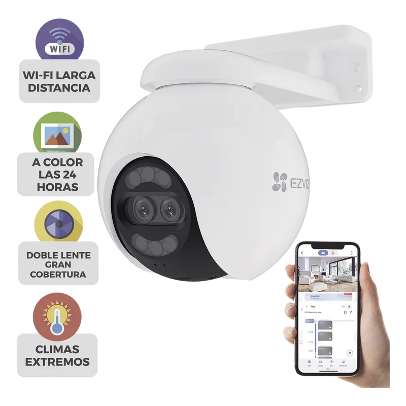 Cámara PT / Wi-Fi / Lente Dual / Panorámica 360° / Resolución 4K / Visión Nocturna ColorFULL / IA Detección de Humanos y Vehiculos / Alarma con Sirena y Luz / IP65 EZVIZ CS-H80X