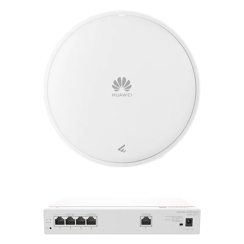 Kit de Router Multi-Servicio / 1 puerto 10/100/1000 Mbps(WAN) / 4 puertos 10/100/1000 Mbps(LAN) PoE / 50W + Punto de Acceso Wi-Fi 7 / 3.57 Gbps / MU-MIMO 2x2 (2.4GH y 5GHz) / Smart Antenna más cobertura / Instalación en techo y pared HUAWEI KIT380AP371