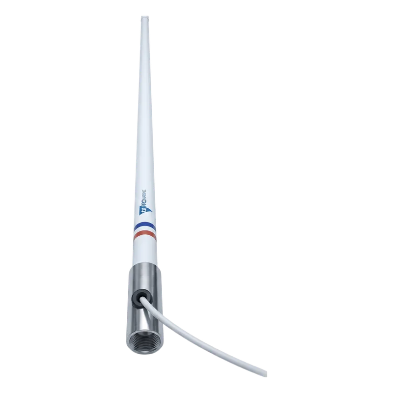 Antena Marina VHF TXPROMARINE TX5101SYS/10M / Fibra de Vidrio / 156-163 MHz / 6 dBi / Cable 10 m (32.8 ft) / Base Acero Inoxidable / PL-259 / Exterior