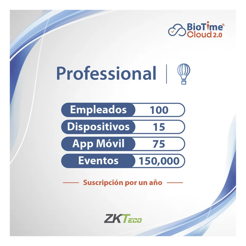 LICENCIA PROFESSIONAL BIOTIME CLOUD 2.0 / 100 USUARIOS / 15 DISPOSITIVOS (Licencia Anual) ZKTECO ZKT0820133