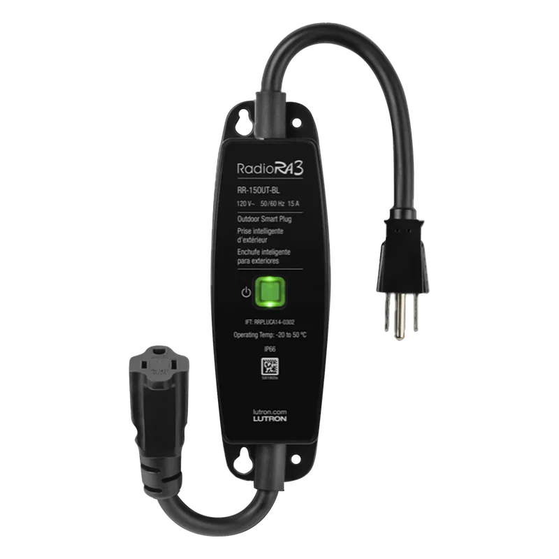 Interruptor de enchufe para exteriores on/off, resistente a la intemperie IP66, 15 A en iluminación o 1/2 HP en motores, sistema RadioRA 3 LUTRON CASETA WIRELESS RR15OUTBL