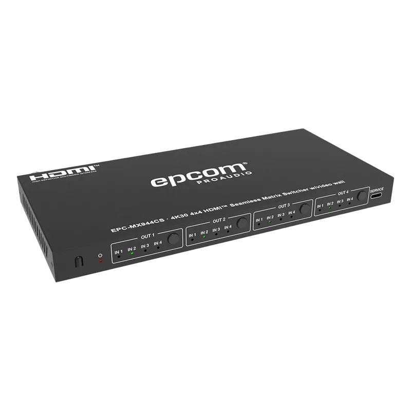 Matriz de Video HDMI 4x4 | Ancho de Banda 10.2 Gbps | Resolución 4K@30Hz | Escalado a 1080P, 720P, 1920x1200, 4K30 | Modos Matriz y Video Wall | Control RS-232 y Remoto Infrared EPCOM PROAUDIO EPC-MX944CS