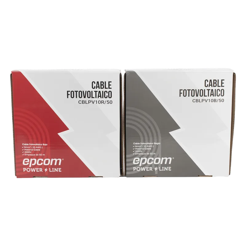 Kit de 2 rollos de 50 metros de cable fotovoltaico de cobre, rojo y negro, calibre 10 AWG (6mm²), Tipo PV, 1000/2000 V y 120°C. EPCOM POWERLINE KIT2CBLPV10RB/50