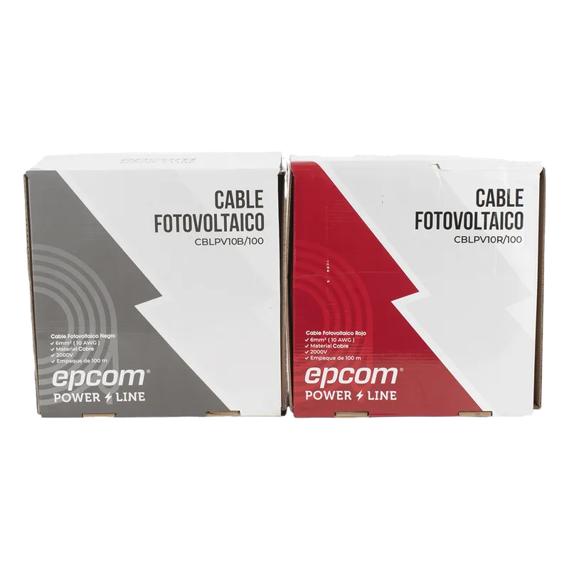 Kit de 2 rollos de 100 metros de cable fotovoltaico de cobre, rojo y negro, calibre 10 AWG (6mm²), Tipo PV, 1000/2000 V y 120°C. EPCOM POWERLINE KIT2CBLPV10RB/100