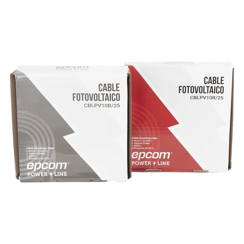 Kit de 2 rollos de 25 metros de cable fotovoltaico de cobre, rojo y negro, calibre 10 AWG (6mm²), Tipo PV, 1000/2000 V y 120°C. EPCOM POWERLINE KIT2CBLPV10RB/25