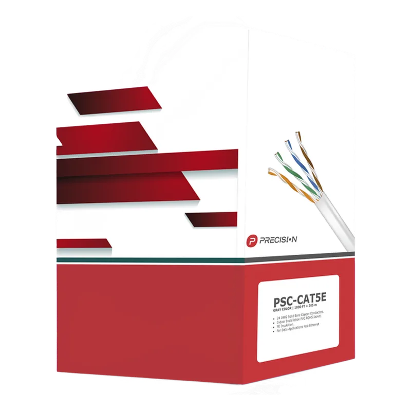 Bobina de Cable de UTP de 4 Pares Cat5e de 305 Metros (1000 Pies), 100% Cobre, PVC ROHS, Color Gris, 24 AWG, Uso en Interior, Para Aplicaciones de Voz, Datos y Video PRECISION PSC-CAT5E
