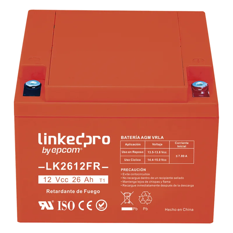 Batería de respaldo 12 V| 26 Ah | AGM | Certificada UL94-V0 Retardante a la Flama | Especial para Seguridad Electrónica | UPS | Sistemas de Emergencia | Vida útil 5 años | Terminales T1 LINKEDPRO BY EPCOM LK2612FR