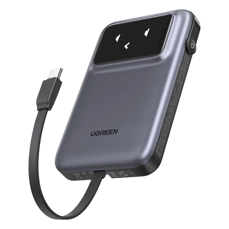 Power Bank Serie Uno | 10000mAh | 30W | con Cable USB-C Incorporado | 2 Salidas 30W Max. | Pantalla Inteligente | Carcasa Ignifuga | Aprobado por Aerolíneas.| Color Grey. UGREEN 35603B