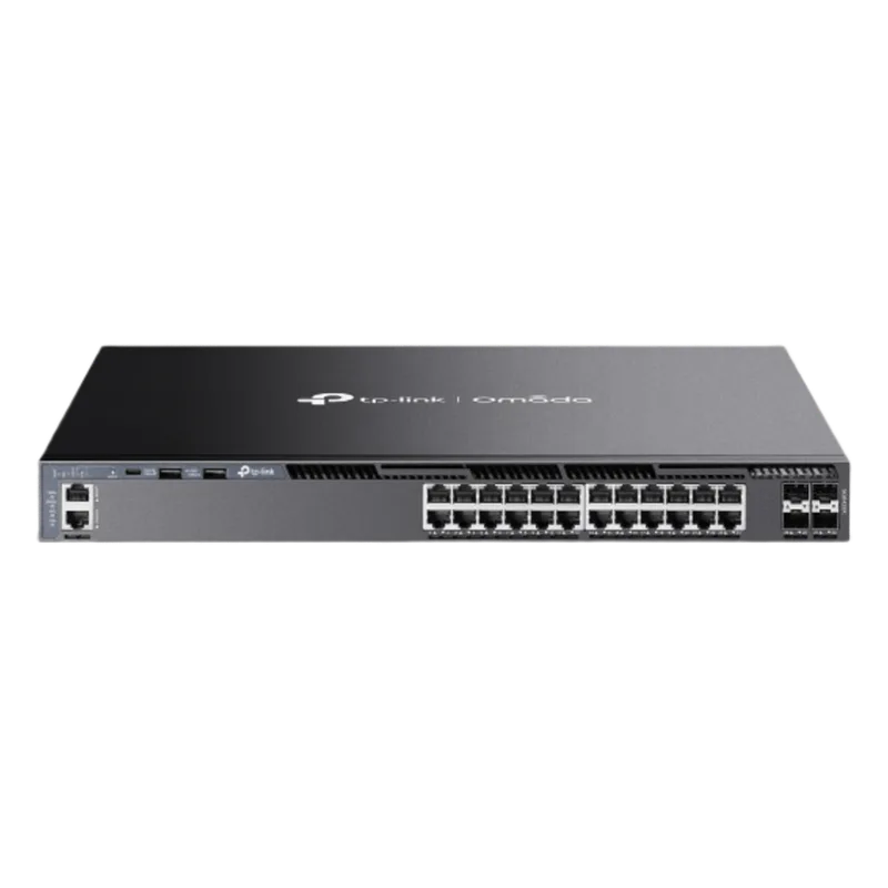 Switch Gestionable L3 Stackable / 24 Puertos Gigabit + 4 Slots 10G SFP+ / Capacidad de Conmutación 128 Gbps / Stack Físico hasta 8 Unidades / L3 RIP OSPF VRRP PIM / Gestión Cloud Omada SDN TP-LINK SG6428X