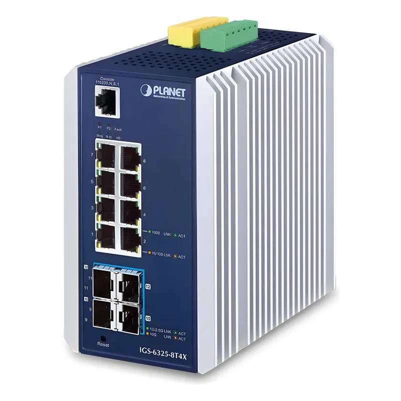 Switch Ethernet Gestionado Capa 3 Industrial DIN-rail / Red Extendida de 10G para Fábricas y Áreas Metropolitanas / 8 Puertos RJ45 10/100/1000BASE-T / 4 Puertos SFP+ 10GBASE-SR/LR / Temp. Operativa -40 a 75 grados C / Protección ESD a PLANET IGS-6325-8T4X