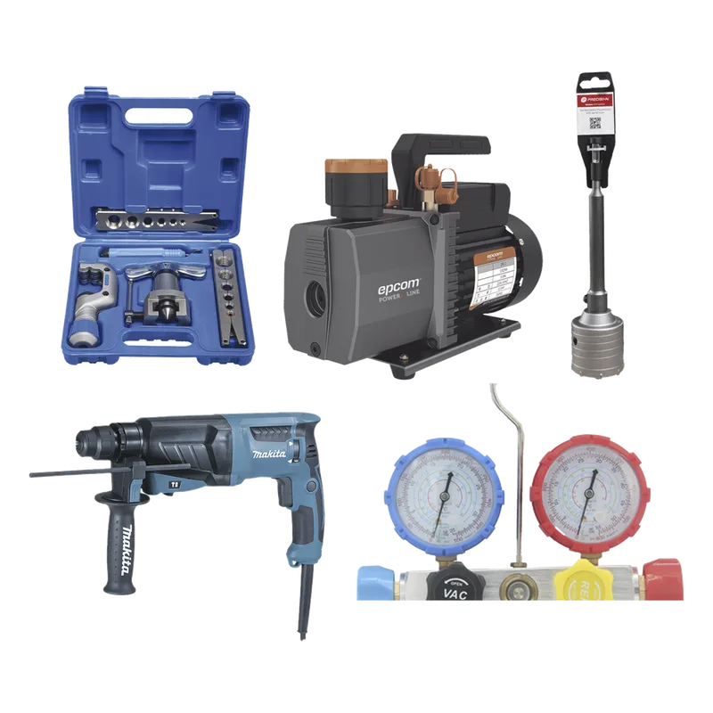 Kit profesional / Mini split / Bomba de vacío 2RS-2R-R32 / Manómetro HBSBZ6 / Kit Abocardado CT809 / Rotomartillo HR2630J / Broca PSTC02003 EPCOM POWERLINE KITPROMIN