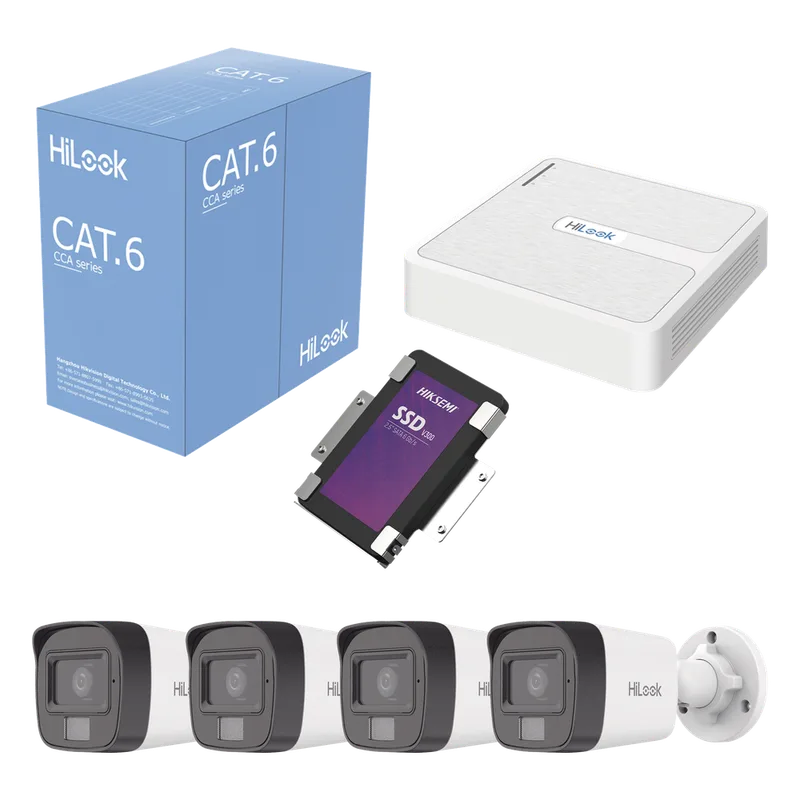 Kit IP 2 Megapixel / NVR de 8 Canales con 8 Puertos PoE / 4 Cámaras IP Bala para Exterior / Micrófono Integrado / Bobina de Cable de 305 mts / SSD 1 TB HiLook by HIKVISION KIPH4B/SSD1TB
