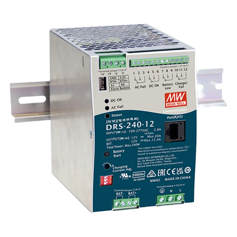 Fuente de Poder Industrial de 240W con Cargador de Baterías, salida 12Vcc, 20A, para montaje Riel Din MEANWELL DRS24012
