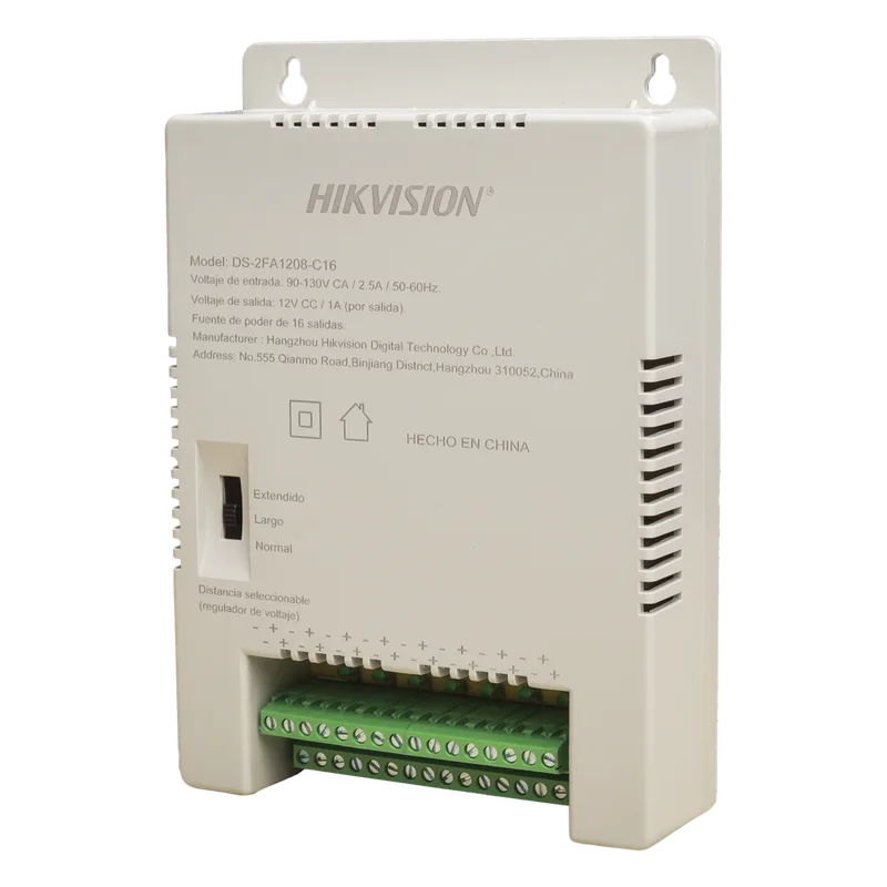 Fuente de Poder Regulada 12 Vcc / 13.5 Vcc / 15 Vcc para 16 Cámaras / 16 Amp (1 Amp por Salida) / Voltaje de Entrada 90 - 130 VCA / Soporta 4K / Modo para Largas Distancias HIKVISION DS-2FA1208-C16/K