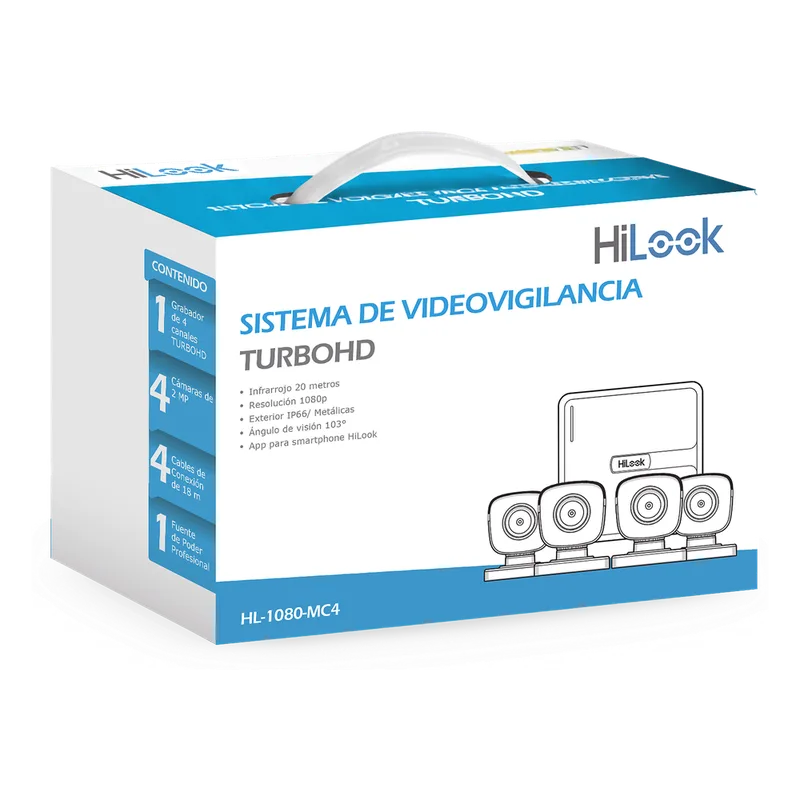 KIT TurboHD 1080p / DVR 4 canales / 4 Cámaras Bala de Metal / H.265+ / 1 Fuente de Poder Profesional / Accesorios de Instalación HiLook by HIKVISION HL-1080-MC4