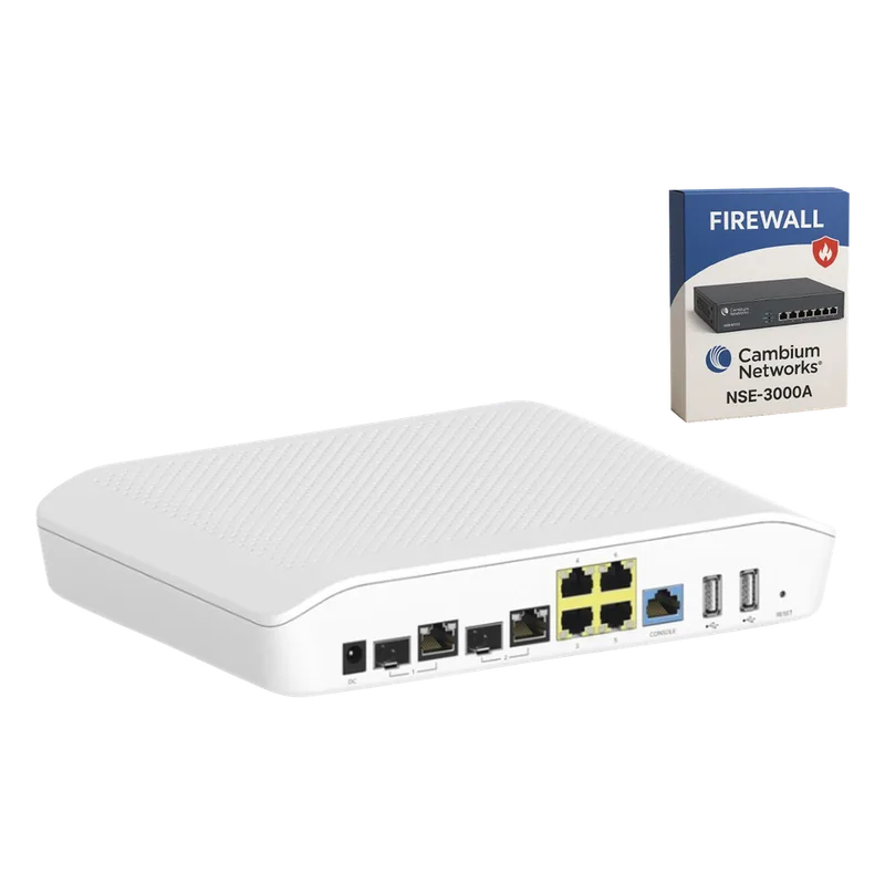 Kit Router/Firewall con licencia incluida NSE-SUB-3000-3 / función SD-WAN NSE3000 / 2 puertos WAN Gigabit + 2 SFP combo / 4 puertos LAN Gigabit / Gestión Unificada de Amenazadas / Administración desde la Nube / Hasta 1,000 dispositivo CAMBIUM NETWORKS NSA3000KIT2