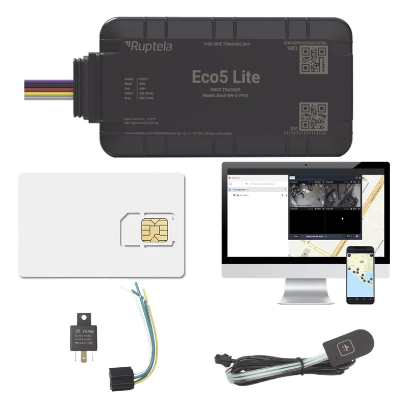 Rastreador Vehicular y Monitoreo de Flota / BLE 5.0 y GNSS / LTE CAT1 y LTE-M con Respaldo 2G / GNSS U-blox / MiKado IP54 / -20 °C a +40 °C / Acelerómetro de 3 Ejes / Suministro 9-32 V / Batería Interna RUPTELA ECO5LITEKIT