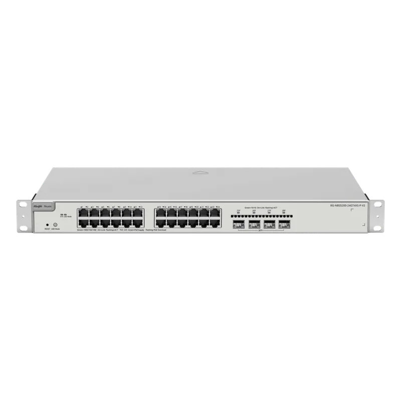 Switch Administrable Capa 3 con 24 puertos Gigabit PoE 802.3af/at + 4 SFP+ para fibra 10Gb, gestión gratuita desde la nube, 370w RUIJIE RG-NBS5200-24GT4XS-P-V2