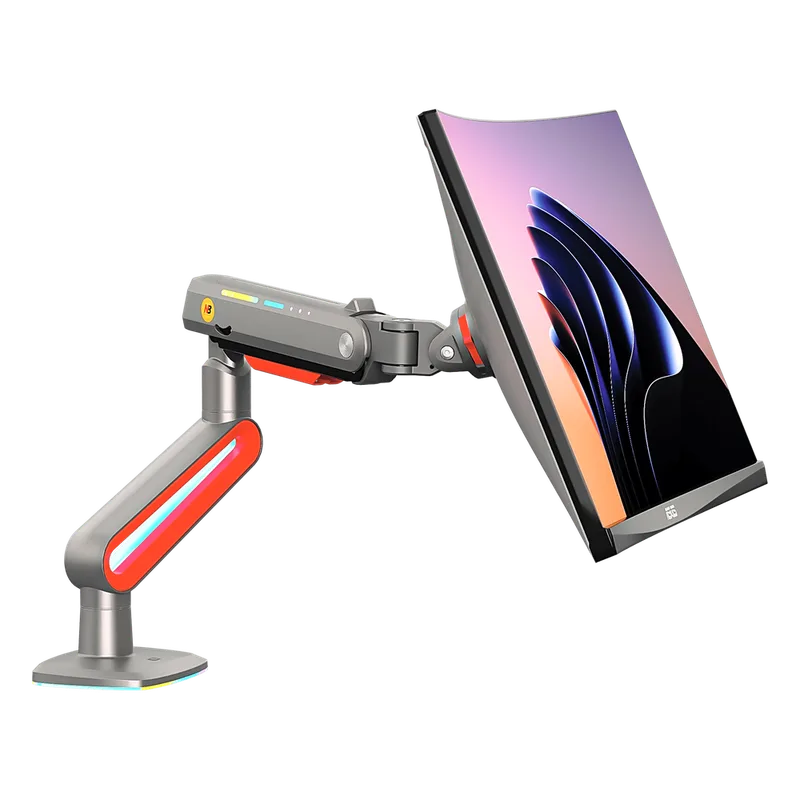 Montaje de Escritorio Ideal Para Monitores Gaming de 32"- 60" / Capacidad de Carga Maxima 20 Kg / Vesa 75 x 75 - 100 x 100 / Acero / Giro 360° / Color Carbon Mate con Cubierta Plastica Color Rojo / Iluminación RGB NB-EPCOM L60NB
