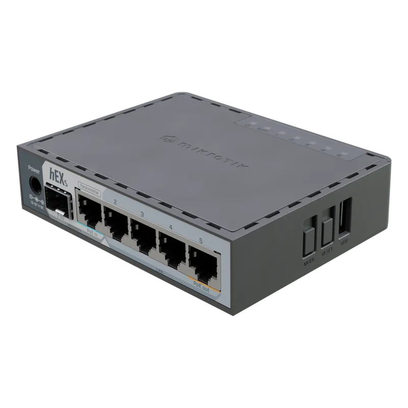 Router hEX S / 5 Puertos Gigabit Ethernet / 1 Puerto SFP 2.5G / Dual-Core ARM / 512 MB RAM / RouterOS V7 / PoE-In y PoE-Out / Montaje en Pared MIKROTIK E60IUGS