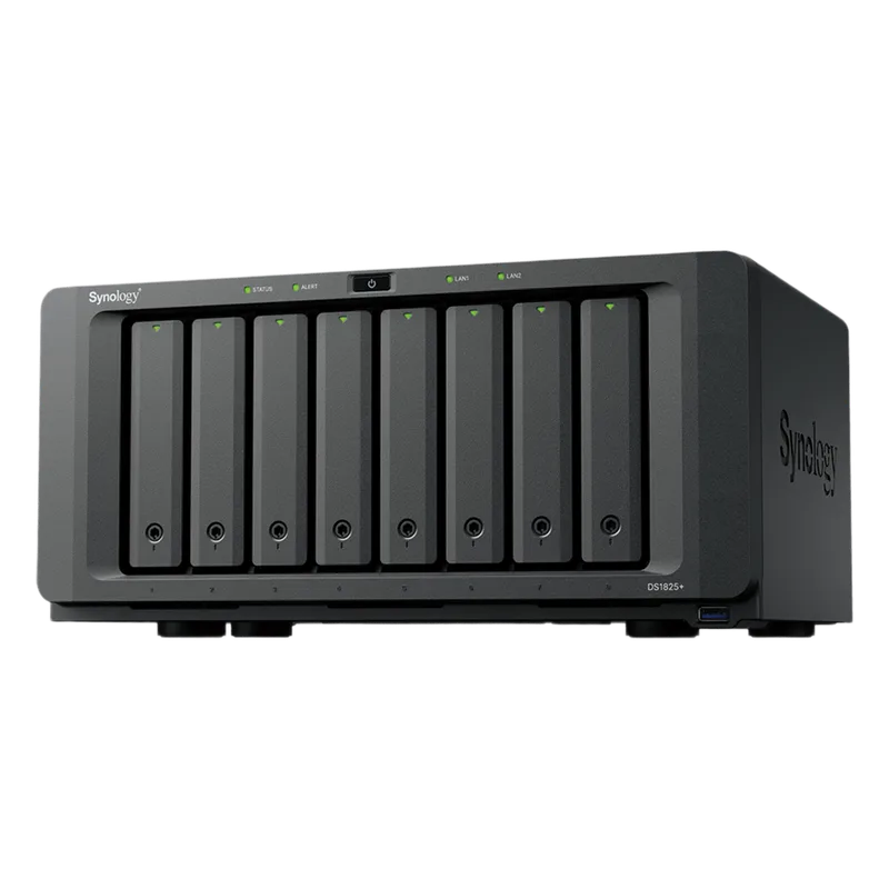 NAS DiskStation DS1825+ | 8 Bahías | AMD Ryzen V1500B | 8 GB DDR4 ECC | Hasta 2,239 MB/s Lectura | 2 Puertos 2.5GbE | Expansión PCIe 3.0 | Compatible con 10GbE y 25GbE | Caché SSD M.2 | Synology DSM.