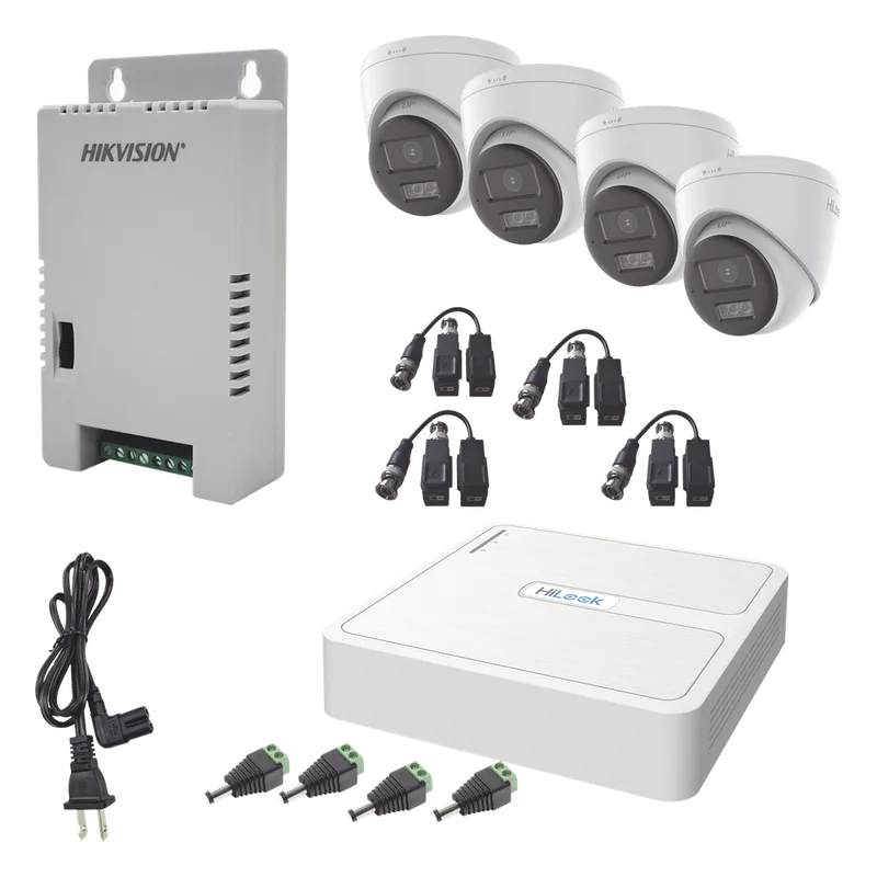 Kit HiLook Audio Bidireccional TurboHD 1080p / DVR 4 Canales / 4 Cámaras Eyeball (Exterior) con Bocina y Microfóno Integrado / 1 Fuente de Poder / Accesorios HiLook by HIKVISION HL-1080P-4E-TWA