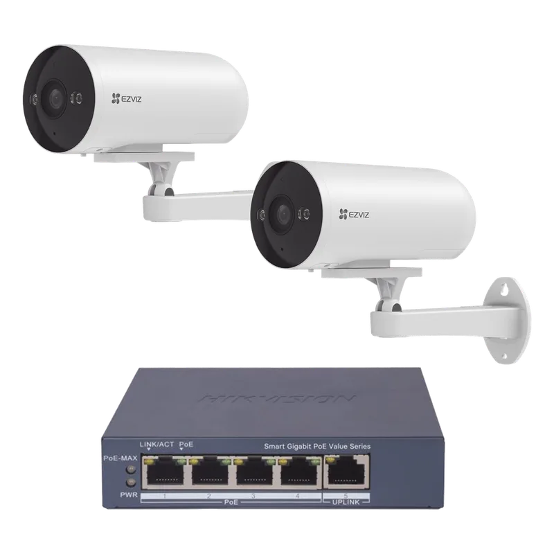 Kit de cámaras PoE Para Uso en Exterior / PoE Estandar Af / 2 piezas CS-H5/3MP/ 1 Pieza de Switch DS-3E1505P-EI/M / Vision Nocturna a Color / IP67 / Audio Bidireccional / Luz y Sirena / 4 Puertos 1000 Mbps PoE+ / 1 Puerto 1000 Mbps Uplink EZVIZ CS-H5/3MP/POE/KS2