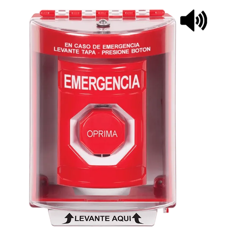 ​Botón Multipropósito, Color Rojo, De Superficie con Espaciador, C/Tapa De Policarbonato, C/Bocina Pre Alarma, Interior/Exterior, Llave Para Restablecer, Texto De Emergencia, Español STI SS2082EM-ES