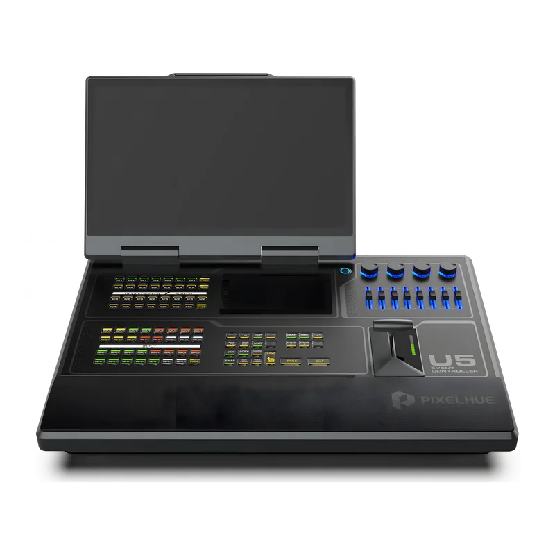 Controlador de Eventos Compacto U5 / Pantalla Táctil Principal 21.5" / Pantalla Inteligente 8" / 87 Botones LCD Programables / 4 Encoders y 8 Faders / Control MIDI y KVM / Diseño Plegable / Software PixelFlow / HDMI 2.0 / 12G-SDI / PIXELHUE