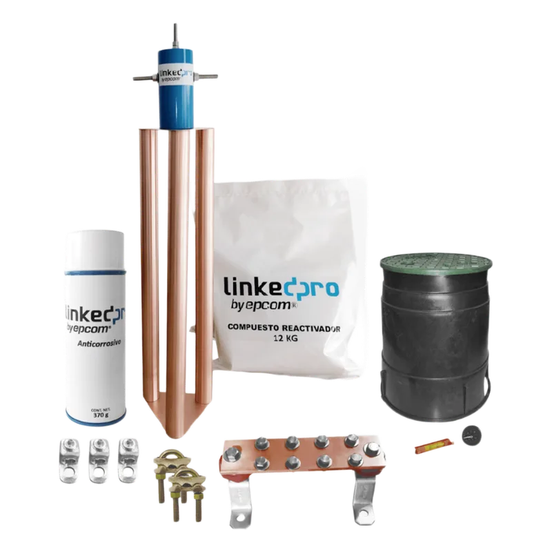 Kit Puesta a Tierra 200A / Electrodo Cobre Electrolítico / Diseño Delta / Filtro Equipotencial / Compuesto 12 kg / Barra Unión + Conectores + Registro LINKEDPRO BY EPCOM LPGROUND200AKIT