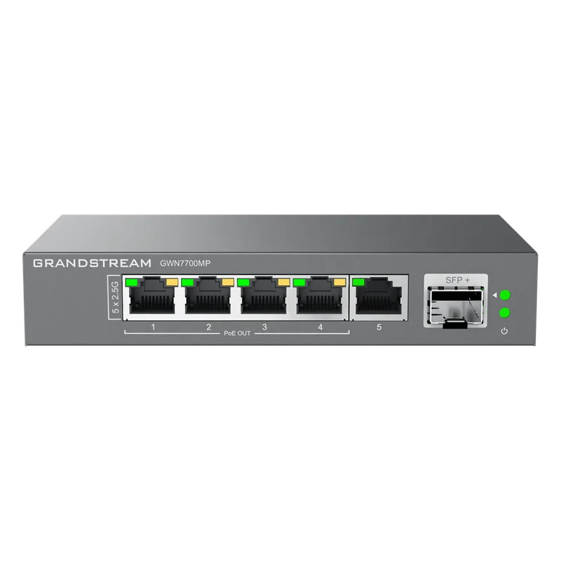 Switch de Red Multi-Gigabit No Administrable / 5 Puertos de2.5 Gbps (4 PoE) / Puerto SFP+ Fibra 1 o 10 Gbps / Montaje en Escritorio o Pared / Plug-and-Play / Tecnología Verde GRANDSTREAM GWN7700MP