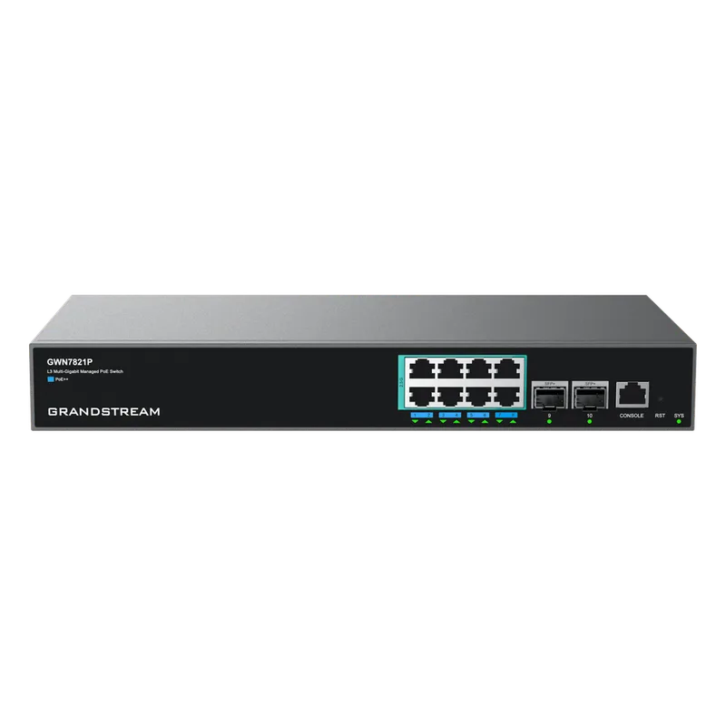 Switch PoE Multigigabit Capa 3 / 8 Puertos Ethernet 2.5 G / 2 Puertos SFP+ / PoE++ Dinámico / IPv6 e IPv4 / VLAN Avanzada / QoS / Stacking hasta 4 Dispositivos / Administración Local y en la Nube GRANDSTREAM GWN7821P
