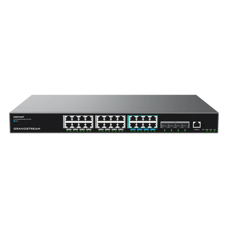 Switch PoE Multigigabit Capa 3 / 24 Puertos Ethernet PoE (16x 1G, 8x 2.5G)/ 4 Puertos SFP+ / PoE++ Dinámico / IPv6 e IPv4 / VLAN Avanzada / QoS / Stacking hasta 4 Dispositivos / Administración Web y CLI GRANDSTREAM GWN7822P